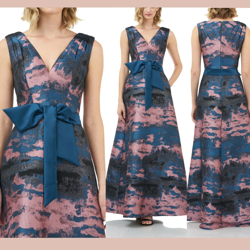 NEW $378 Kay Unger [ 4 ] Valentin Sleeveless Jacquard Bow A Line Gown Blue J1874